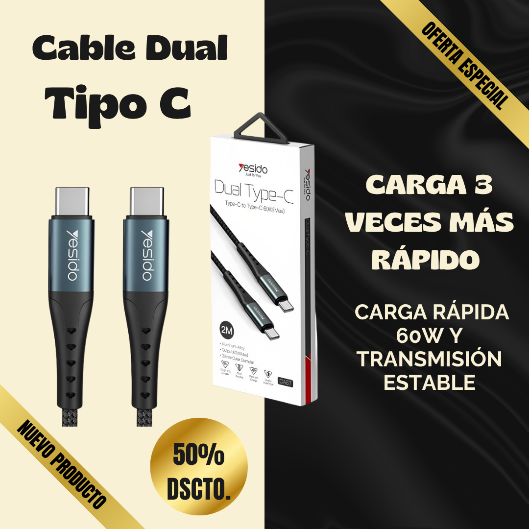 Cable Dual Tipo C Yesido CA67 | Carga Rápida 60W y Transmisión Estable